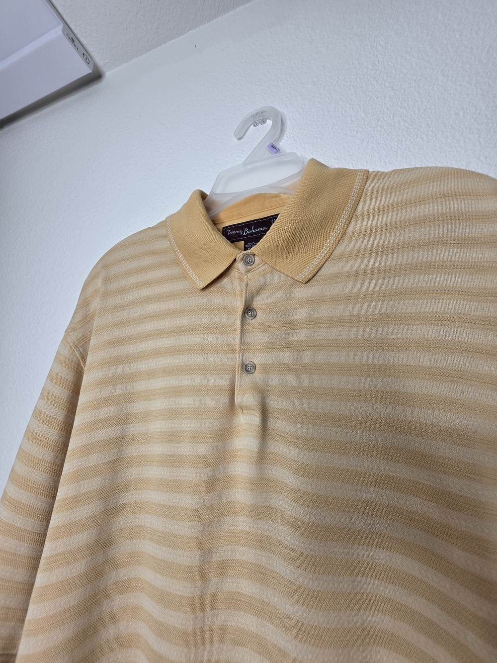 Tommy Bahama 18 Golf Mens L Yellow Beige Striped Short Sleeve Polo Palm Tree - Picture 11 of 15